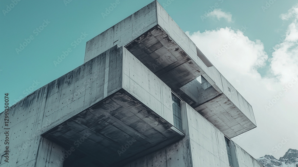 Fototapeta premium Brutalist concrete building with geometric design against a cloudy sky. Modern architectural structure with raw aesthetics