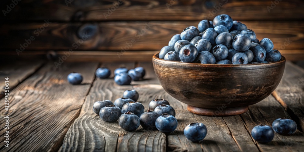 A rustic wooden bowl brimming with plump, juicy blueberries, scattered on a weathered wooden surface, evokes the essence of a summer harvest.