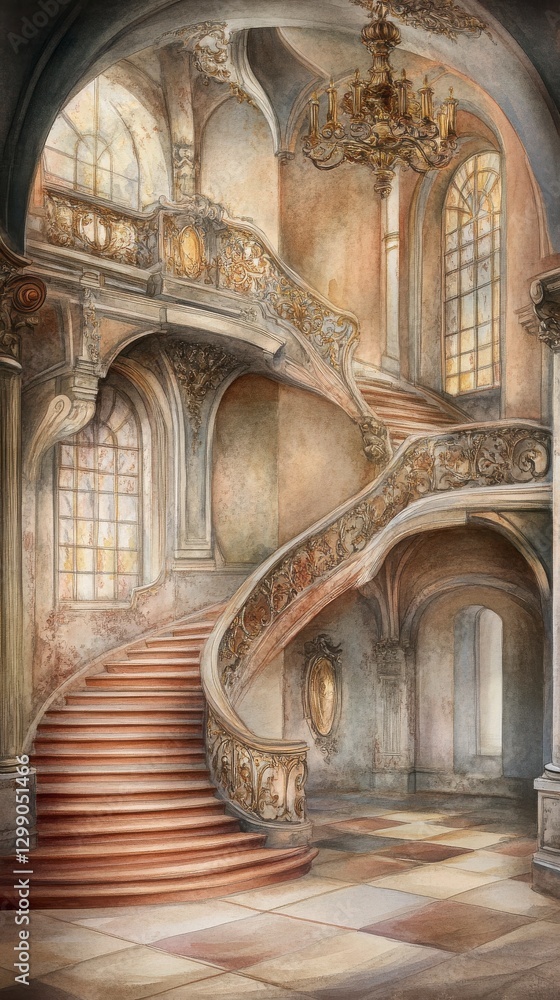 Fototapeta premium Grand Ornate Double Staircase In A Luxurious Palace Interior Design Showcase of Architectural Elegance And Opulence In A Historic Interior Setting, Ornate Architectural Detailing And Light Play In A