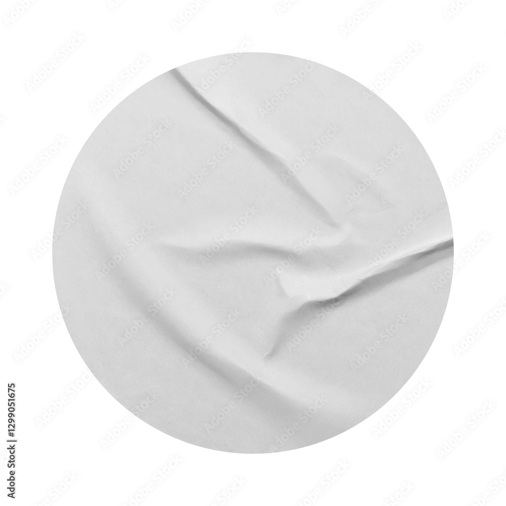 White paper stickers mockup. Blank circle label, crumpled paper emblems. Pasted poster texture. Copy space. Cut out