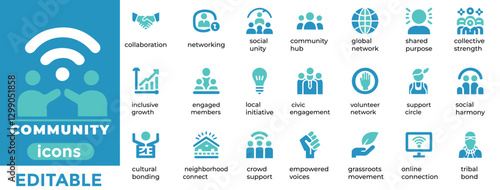 Engaging community vector icons for social groups, teamwork, volunteering, and connections. Perfect for web and print
