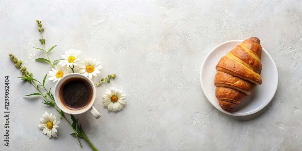 Aromatic Coffee, Delicate Blooms, and a Flaky Croissant A Serene Breakfast Scene