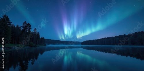 Wallpaper Mural Silvery noctilucent clouds above tranquil Latvian forest lake under a starlit sky , atmosphere, photo Torontodigital.ca