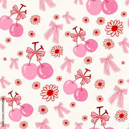 cherry with bow pattern seamless, vintage flowers, Vintage Retro Pink Seamless Pattern, Pink Vintage Coquette valentine seamless file, Retro Pink seamless file, Spring Retro coquette Digital wallpaper