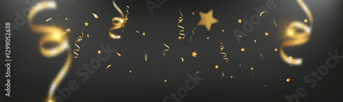 Golden confetti and ribbons on dark background, festive celebration backdrop, luxury party decoration, sparkling gold stars, elegant event design.
