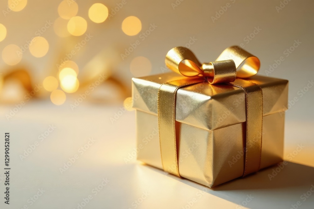 Golden sparkling background with a silver gift box wrapped in paper, packaging, gold, silver Golden sparkling background with a silver gift box wrapped in paper, packaging, gold, silver