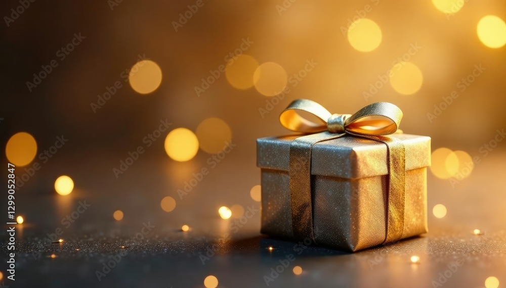 Golden sparkling background with a silver gift box wrapped in paper, decorative, elegant Golden sparkling background with a silver gift box wrapped in paper, decorative, elegant