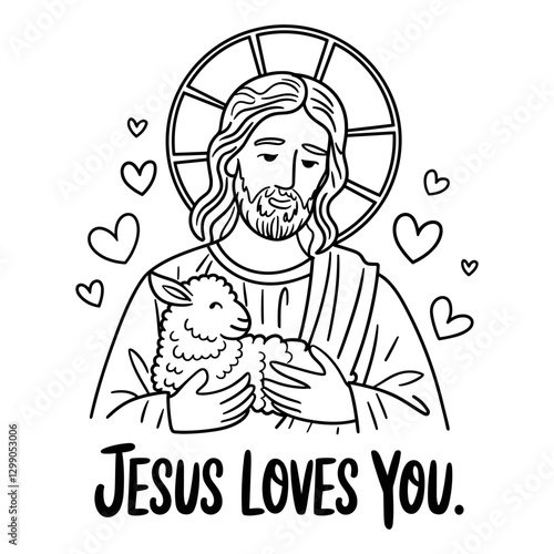 Jesus holding lamb with hearts around, text Jesus loves you, vector coloring page, t shirt print