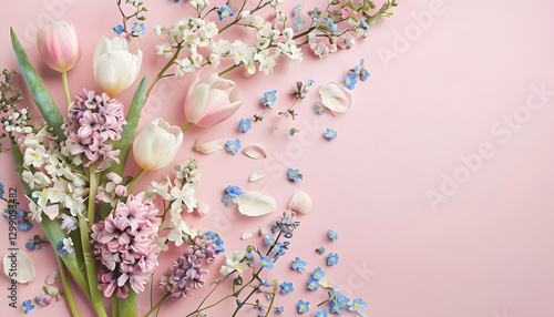 Pink and white flowers, Floral Flat Lay Featuring Soft Pink Tulips And White Hyacinths