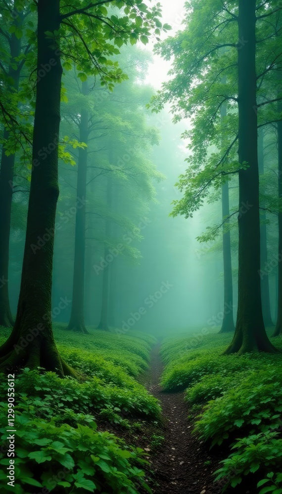 Obraz premium Lush green forest with towering trees and mist, forests, peaceful