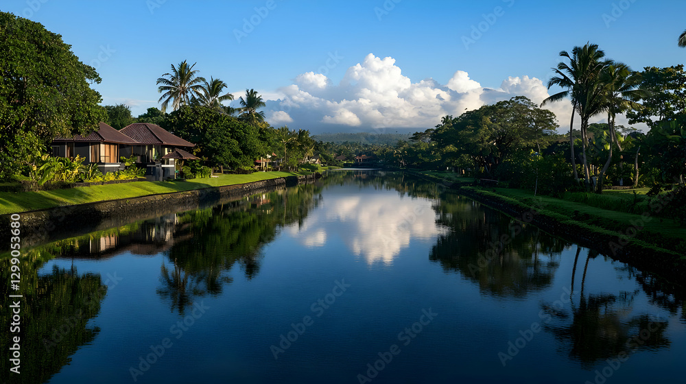 Tranquil Lake Reflection Of Trees And Clouds Under Blue Sky Tranquil Lake Reflection Of Trees And Clouds Under Blue Sky