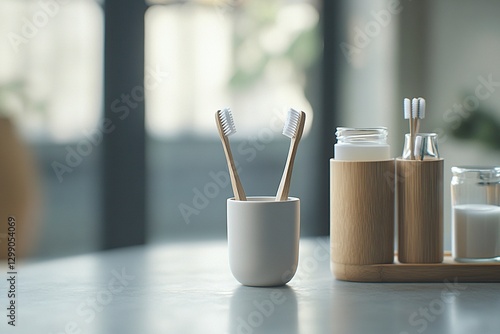 In the foreground, there is an empty white ceramic cup on which two toothbrushes stand next to each other, and below it lies a wooden brush holder with glass jars of mouthwash and toothpaste.