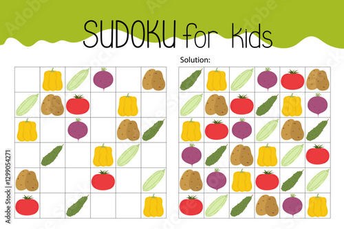 Vegetables sudoku educational game or leisure activity worksheet hand drawn illustration, printable grid to fill in missing images, food topical vocabulary, puzzle with solution, teacher resources