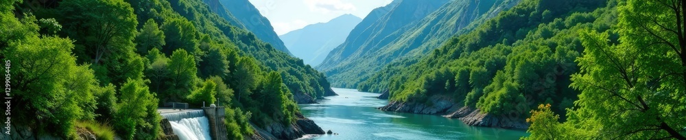 Lush greenery surrounding the mountain valley and hydroelectric dam, valley, vegetation Lush greenery surrounding the mountain valley and hydroelectric dam, valley, vegetation