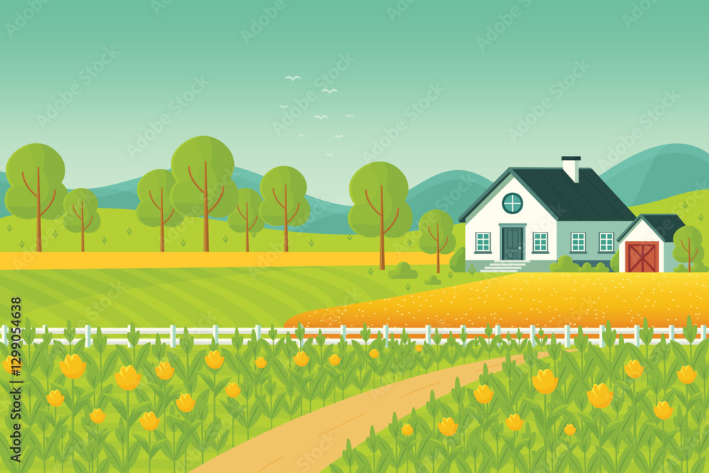 Naklejka premium Flat vector illustration of a farm landscape