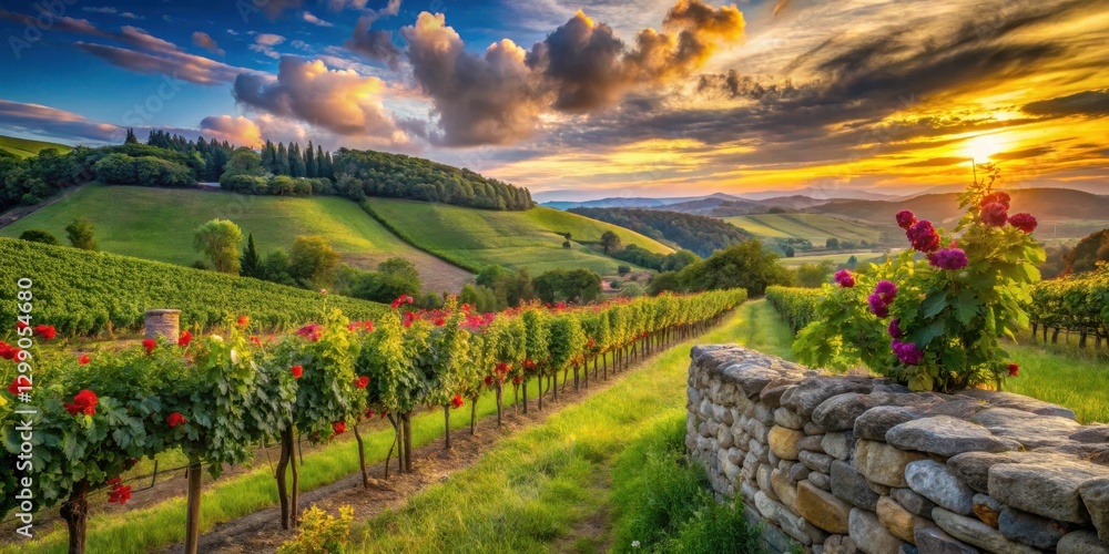 Naklejka premium Serene Vineyard Landscape at Sunset with Rolling Hills and Blooming Flowers