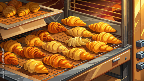 Close up of freshly baked croissants in a large professional oven