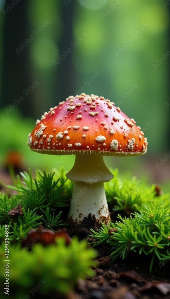 Lush spruce needles surround a large mushroom, earthy, forest floor Lush spruce needles surround a large mushroom, earthy, forest floor