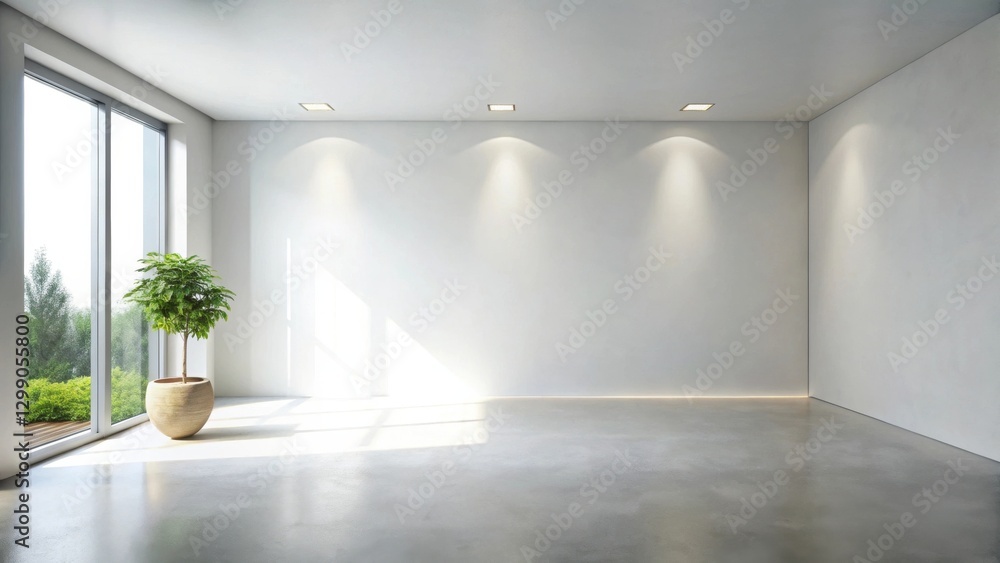 Fototapeta premium Empty Room with Potted Plant and Sunlight Streaming Through a Large Window