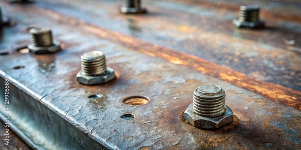 Close-up view of several metallic fasteners affixed to a weathered steel surface, showcasing industrial texture and detail. Close-up view of several metallic fasteners affixed to a weathered steel surface, showcasing industrial texture and detail.