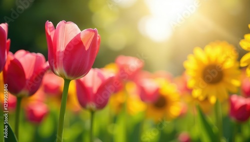 Pink tulips sway gently in a breeze amidst the sunflowers, pink tulips, sunlight