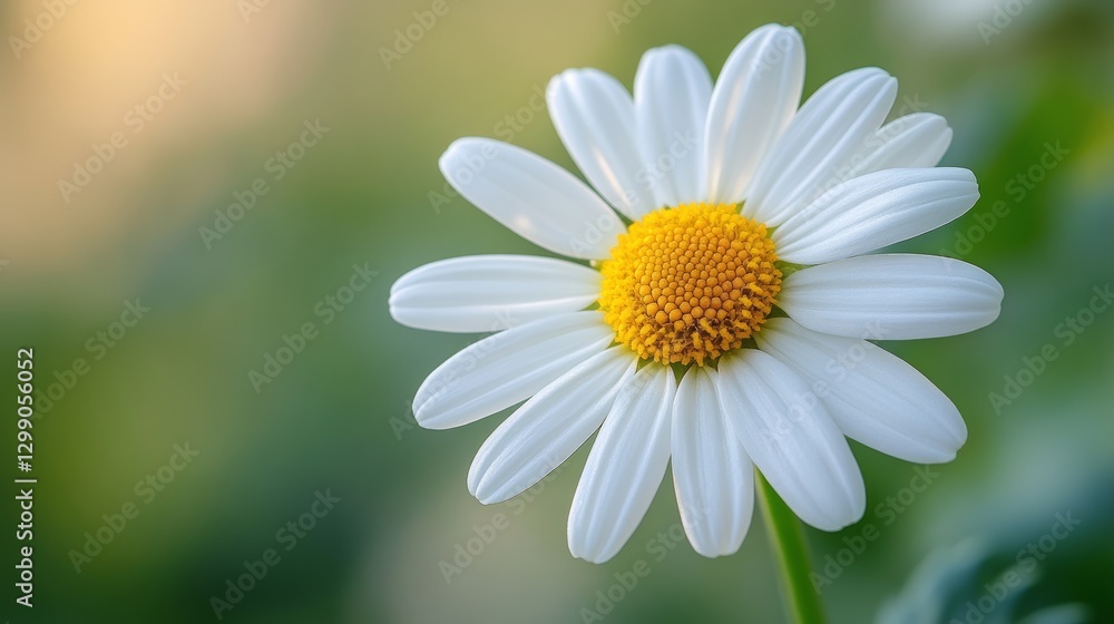 Fototapeta premium White daisy blossoms under gentle sunlight in a vibrant green garden setting