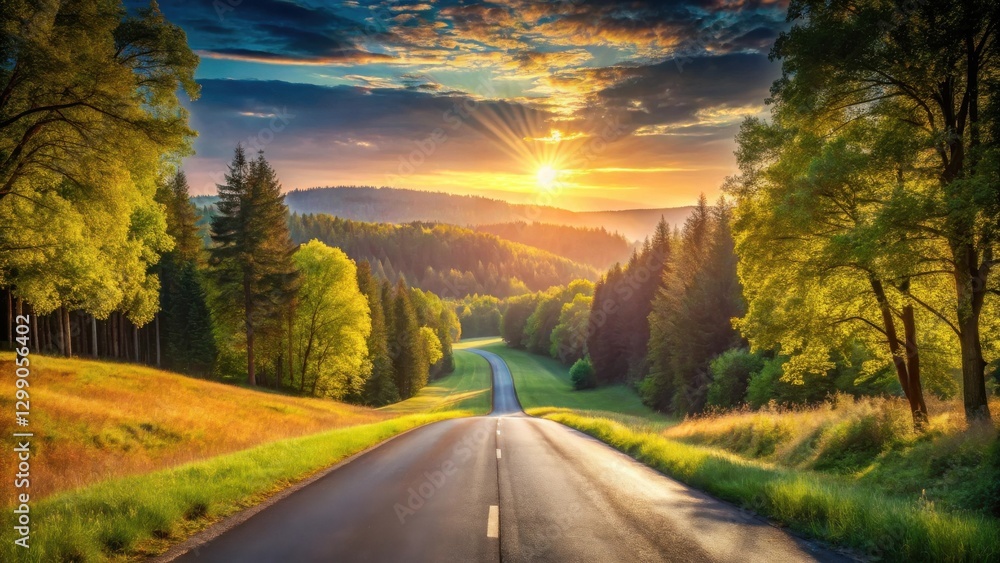 Fototapeta premium Scenic asphalt road winding through lush green hills and vibrant forests bathed in the golden rays of a breathtaking sunset