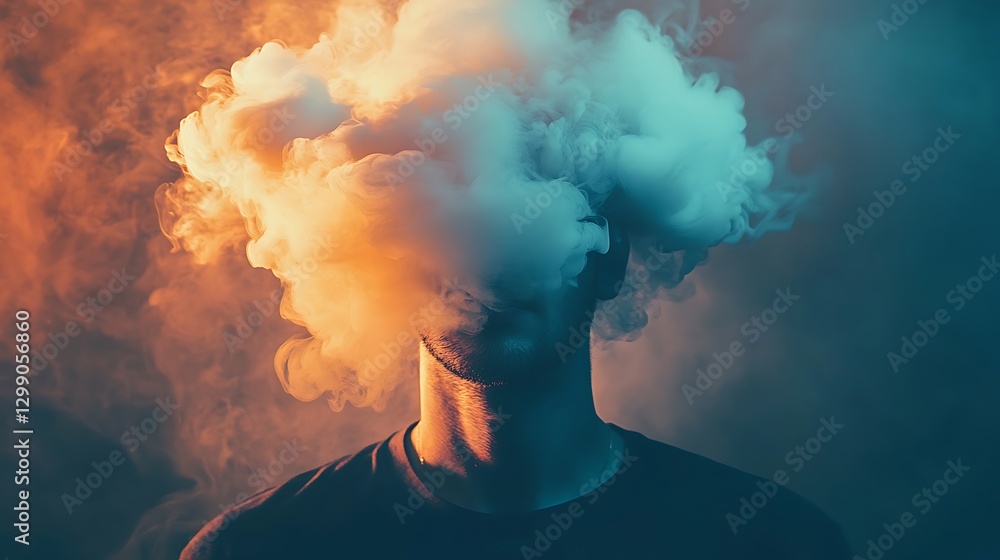 Man engulfed in large vapor cloud, obscured face, dramatic lighting. Man engulfed in large vapor cloud, obscured face, dramatic lighting.
