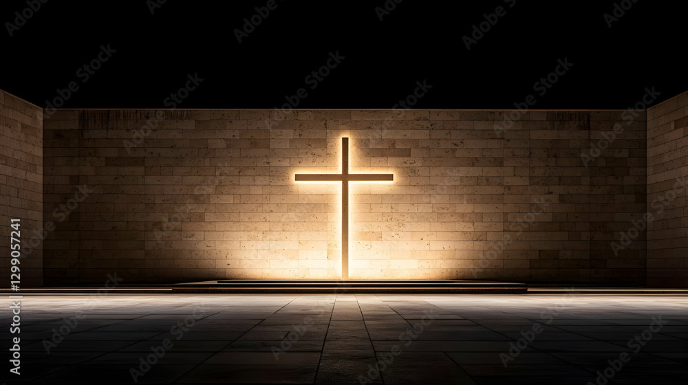 Naklejka premium Glowing Cross in the Center of Stone Wall Interior with Dramatic Lighting