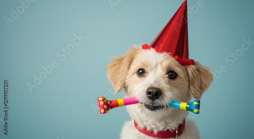 Cute dog celebrating with party hat and blower
