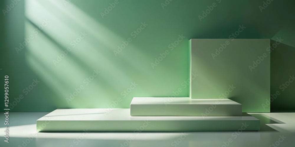 Serene Minimalist Display Platform with Gentle Sunlight Illuminating a Pale Green Wall Serene Minimalist Display Platform with Gentle Sunlight Illuminating a Pale Green Wall