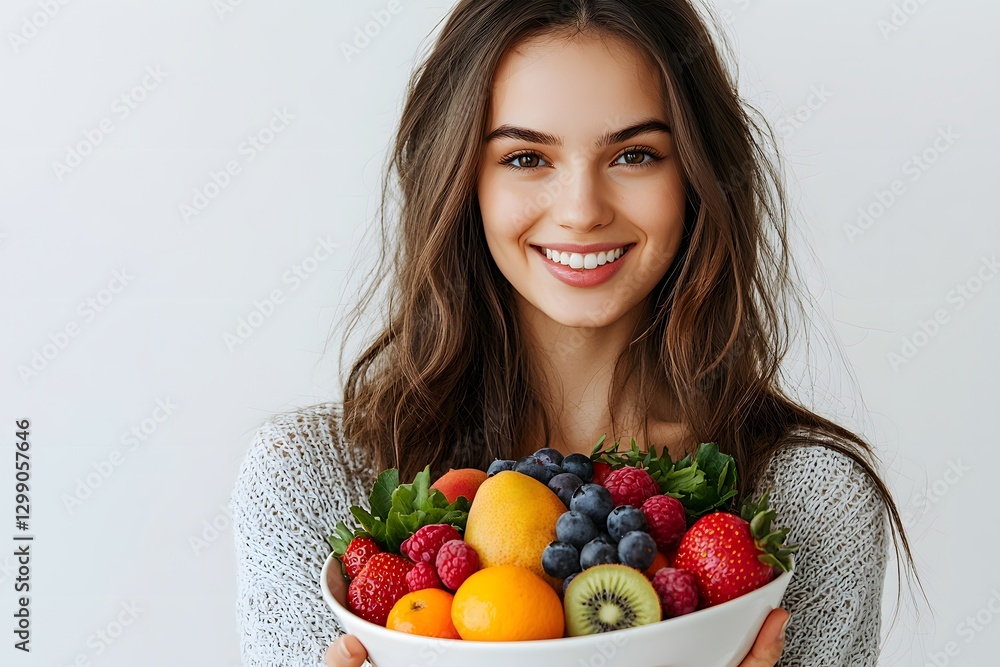 Young dietitian holds a bowl of fresh fruit with a bright smile. Generative AI Young dietitian holds a bowl of fresh fruit with a bright smile. Generative AI