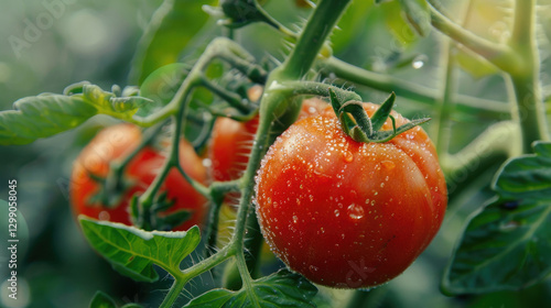 Fresh Ripe Tomato on Vine with Water Droplets in a Lush Green Garden Setting Under Natural Sunlight