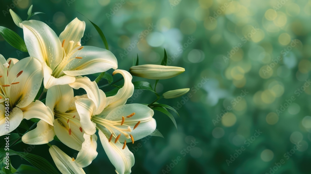 Fototapeta premium Delicate white lilies on a green background. Wedding and Women's Day greeting card.
