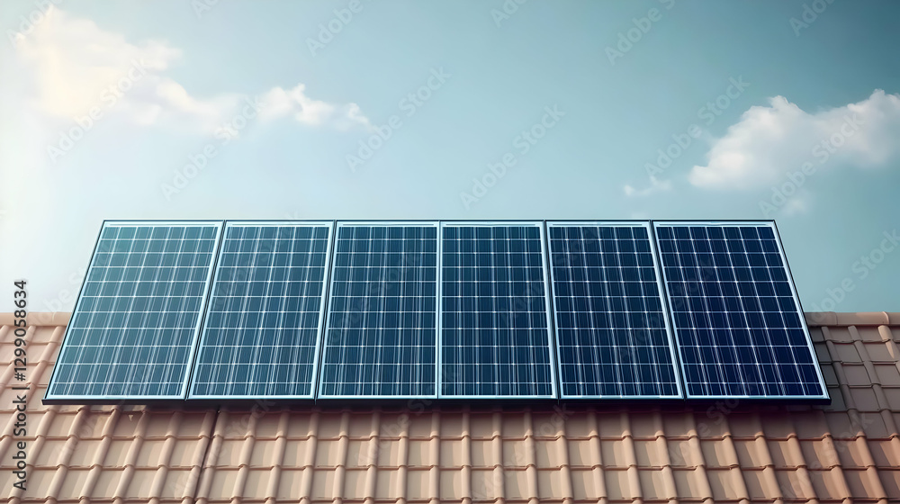Solar Panels Installed On A Tiled Roof Against A Clear Blue Sky Showing Sustainable Energy Solar Panels Installed On A Tiled Roof Against A Clear Blue Sky Showing Sustainable Energy