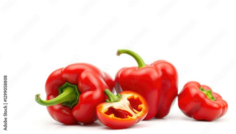 Single vibrant red bell pepper isolated on pure white background , shiny, garden Single vibrant red bell pepper isolated on pure white background , shiny, garden