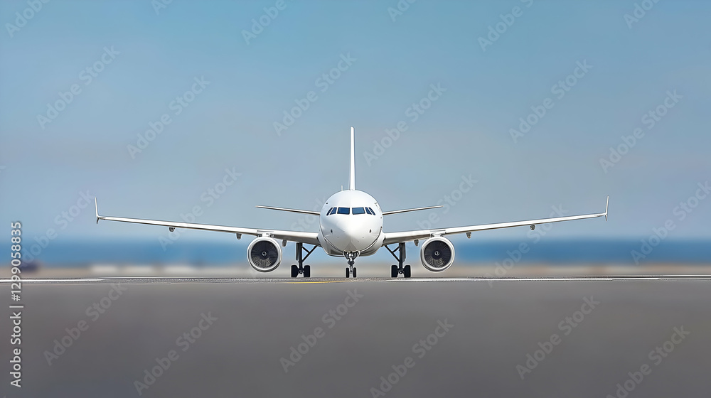 Obraz premium White Airplane Centered On Runway Against Clear Blue Sky During Daylight
