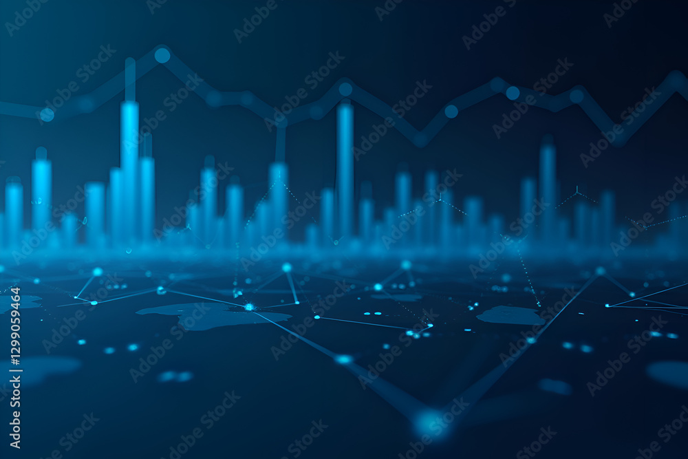 Naklejka premium Abstract data visualization concept with blue tones and city skyline, digital technology design, copy space