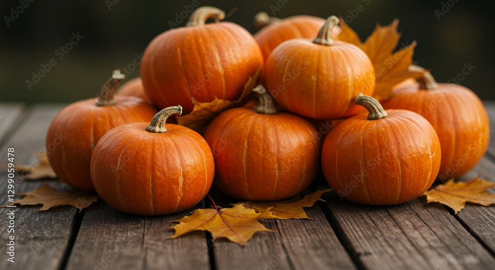 Harvest Pumpkins on Wooden Table with Colorful Fall Leaves for Thanksgiving Decor Harvest Pumpkins on Wooden Table with Colorful Fall Leaves for Thanksgiving Decor