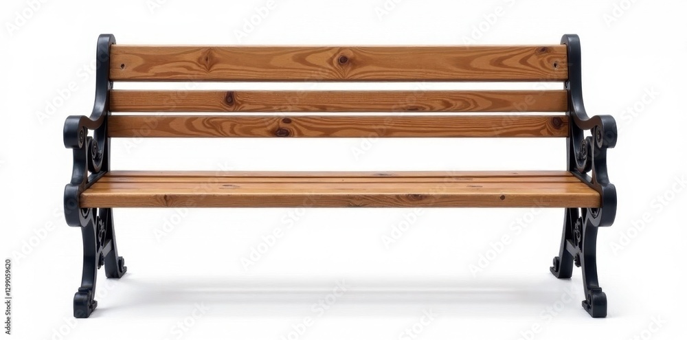 Classic wooden bench with ornate iron arms Clean white background , metal, wood, aged Classic wooden bench with ornate iron arms Clean white background , metal, wood, aged