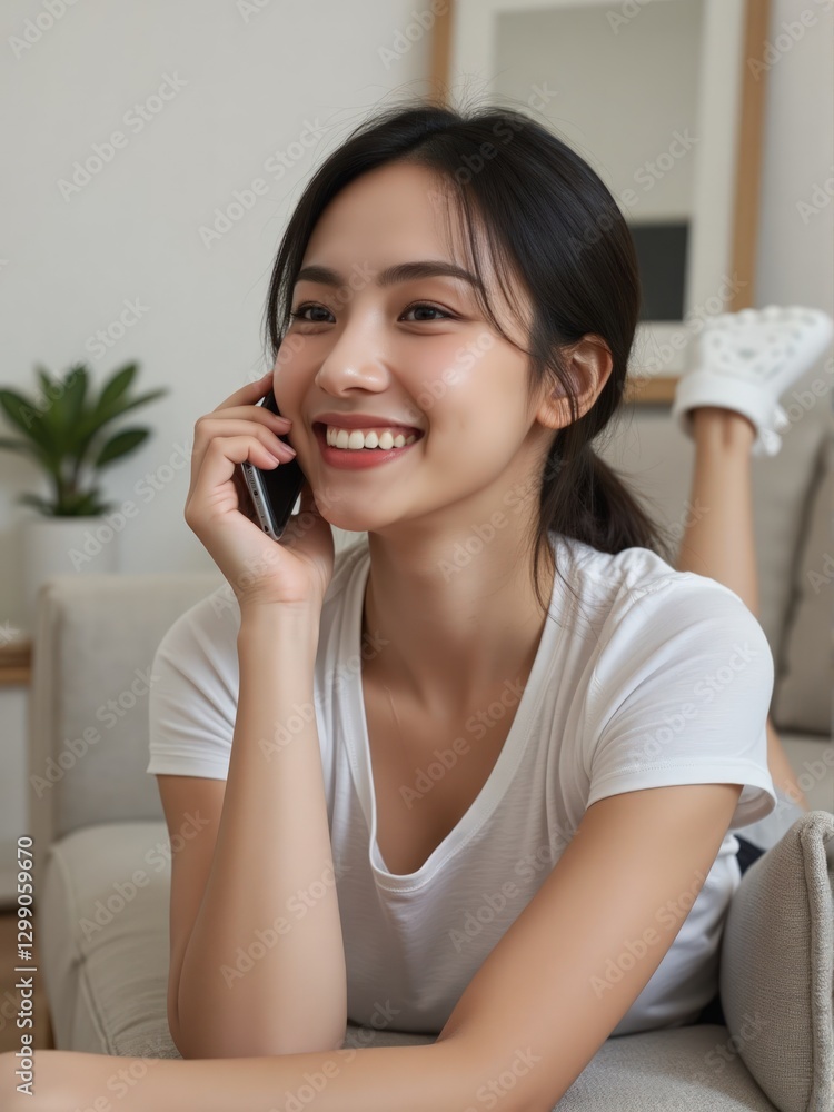 happy, beautiful woman resting on a cozy couch at home, smiling brightly as she uses her cellphone, surrounded by soft natural light. happy, beautiful woman resting on a cozy couch at home, smiling brightly as she uses her cellphone, surrounded by soft natural light.
