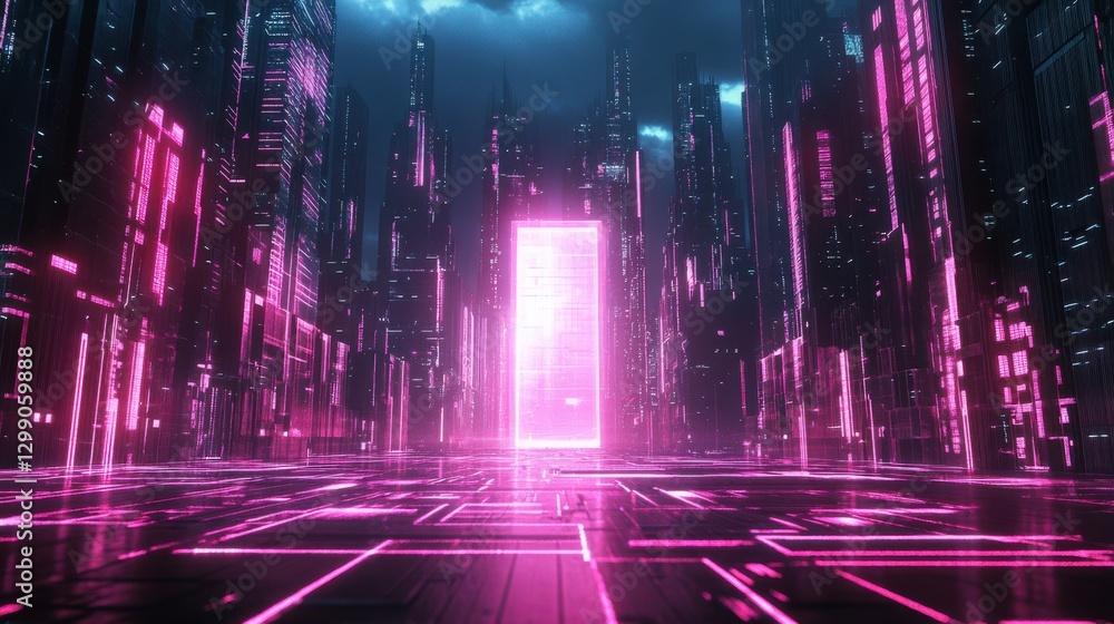 3d rendering futuristic sci fi city with pink neon wireframe ground. downtown district at night with big hi tech portal. Neon District. Illustration 3d rendering futuristic sci fi city with pink neon wireframe ground. downtown district at night with big hi tech portal. Neon District. Illustration