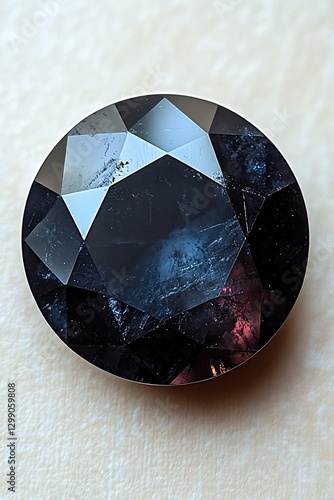 Close-up of a black gemstone with a faceted surface, resting on a white textured background. photo