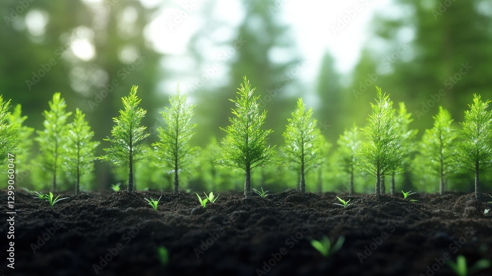 Rows of young evergreen seedlings growing in fertile soil, symbolizing reforestation, sustainable forestry, and environmental conservation efforts. Rows of young evergreen seedlings growing in fertile soil, symbolizing reforestation, sustainable forestry, and environmental conservation efforts.