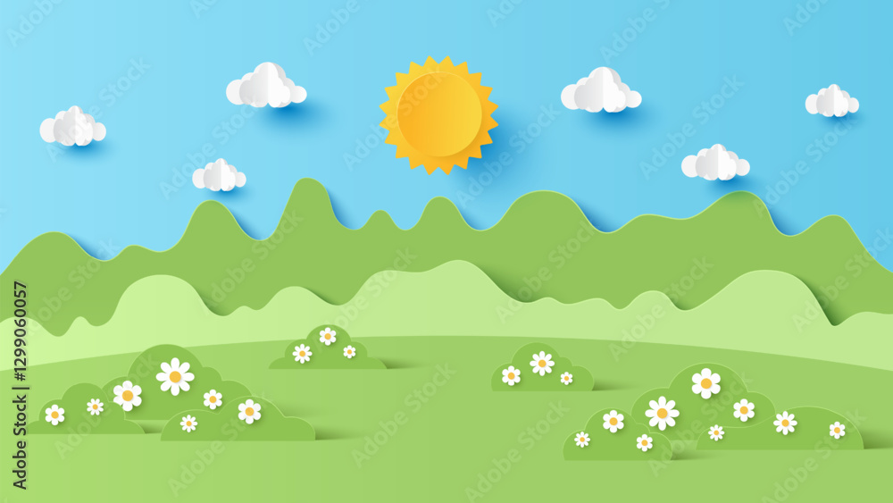 Fototapeta premium Vector illustration of park scenery with mountain and cloud sky on a sunny day. Paper cut and craft style illustration