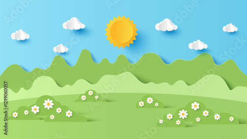 Vector illustration of park scenery with mountain and cloud sky on a sunny day. Paper cut and craft style illustration