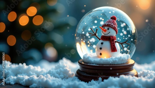 Swirling snow inside a snow globe with a snowman, decoration, snow globe, swirling snow