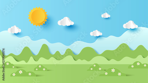 Vector illustration of park scenery with mountain and cloud sky on a sunny day. Paper cut and craft style illustration