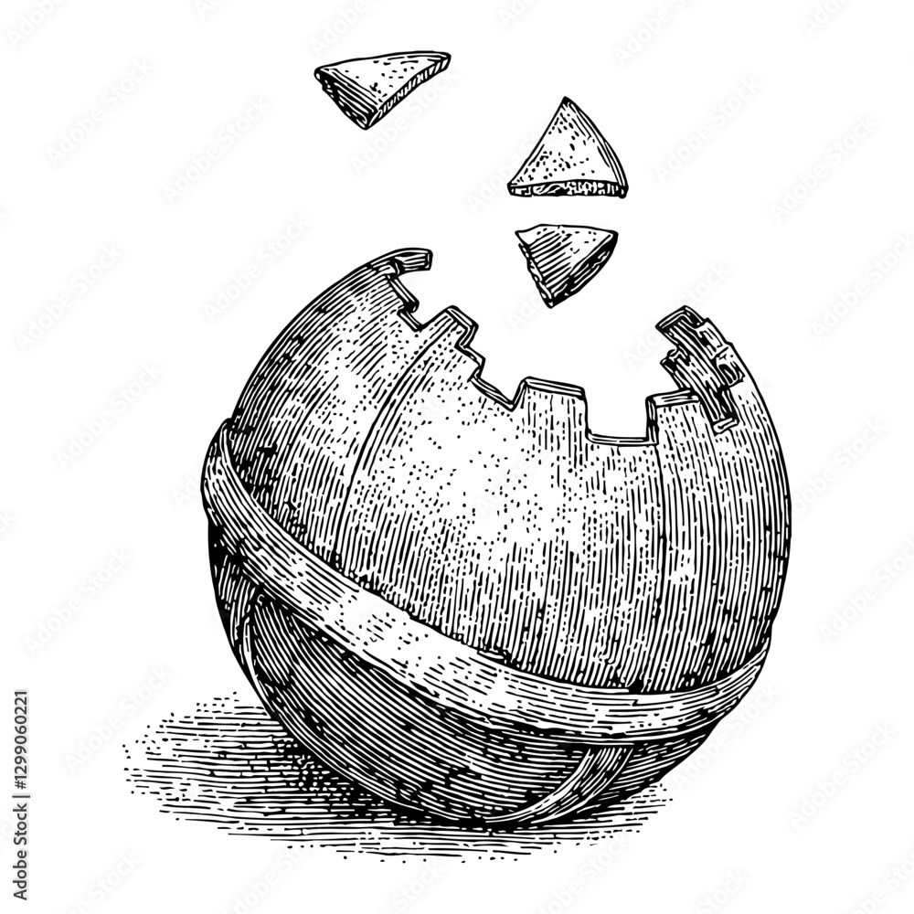 Obraz premium Broken Wooden Ball with Floating Pieces Black and White Outline Line Art Drawing Illustration