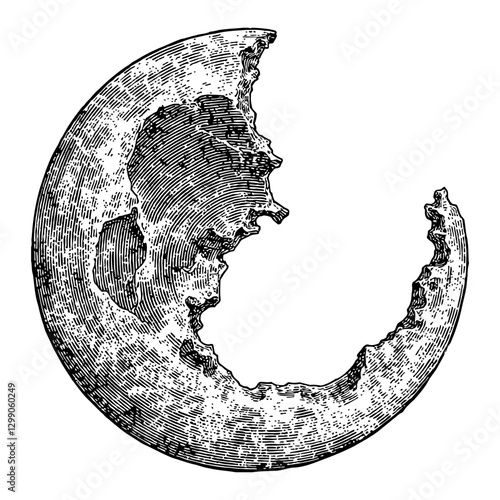 Detailed Fractured Moon Engraving Style in Black and White Outline Line Art Drawing